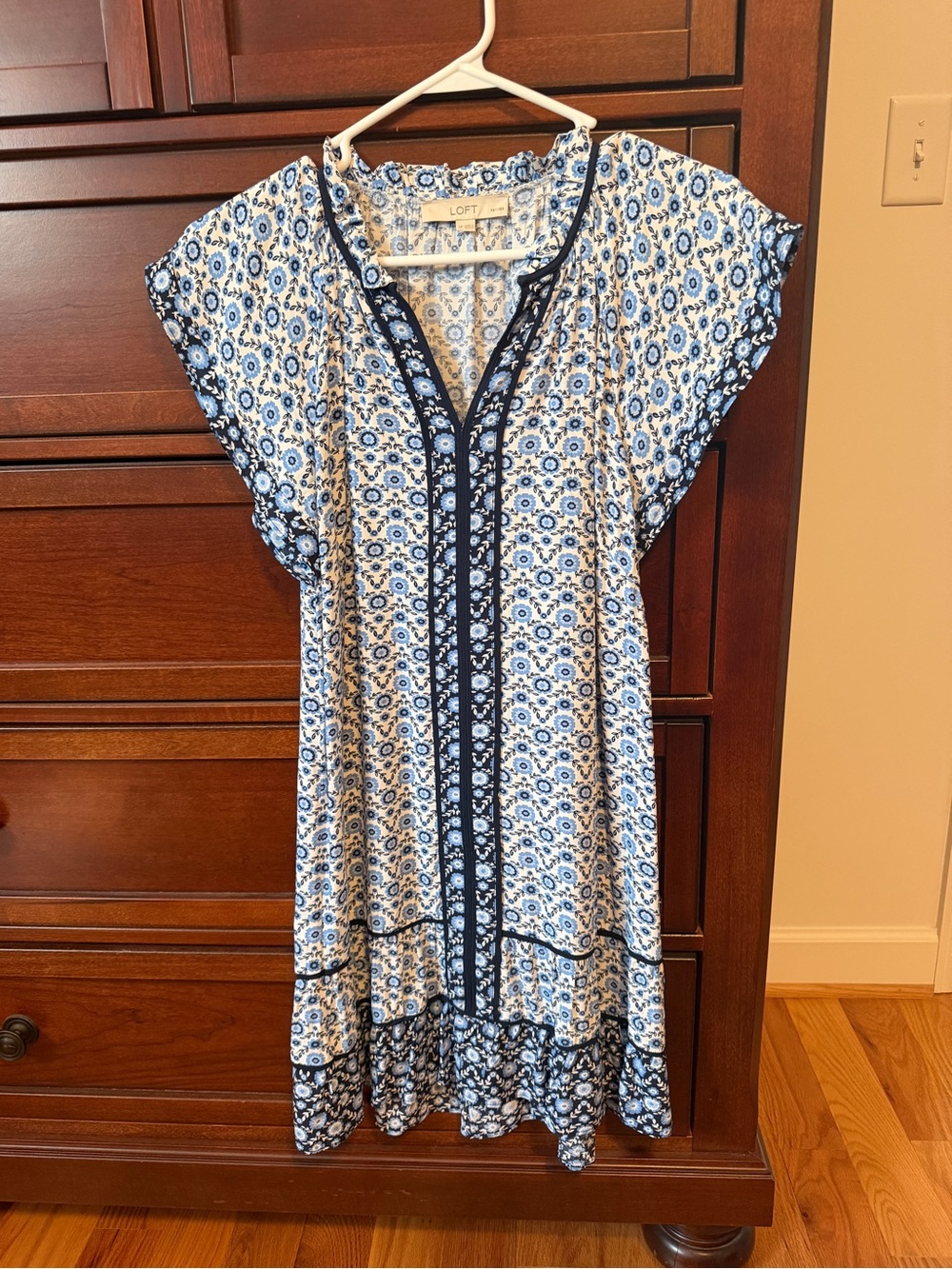 LOFT White and Blue Floral Border Dress